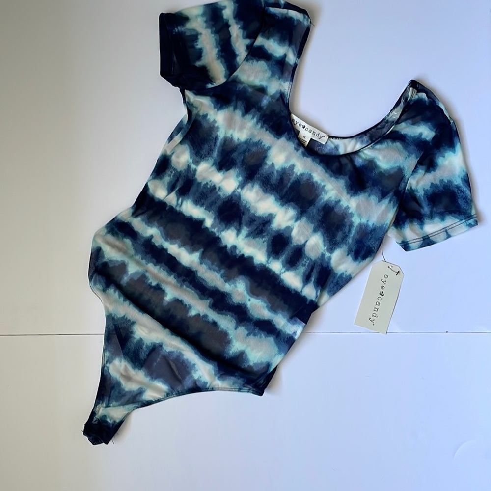 Eye Candy Navy/White Tie Dye Sheer Short Sleeve Body Suit Size XL